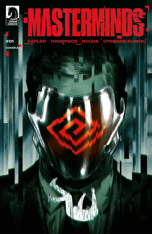 Comic book cover featuring a person wearing a full mask with a red spiral symbol, set against a digital background.
