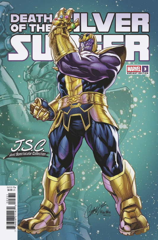 Comic book cover featuring a superhero, Thanos in a gold and purple costume with text 'Death of the Silver Surfer'.