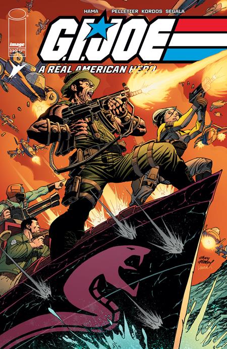 a comic book cover of A man standing on the front of a boat with a lady and several other soldiers shooting over the front of the boat while bullets hit the side of the boat and war planes fly in the background