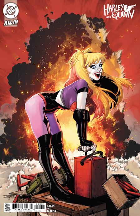 Comic book cover featuring Harley Quinn with a fiery background