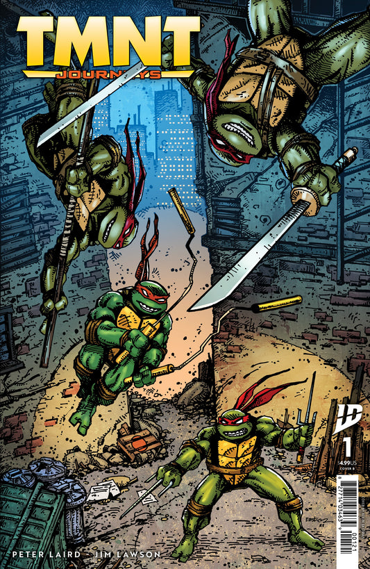 Comic book cover featuring Teenage Mutant Ninja Turtles in a dynamic pose with cityscape background.