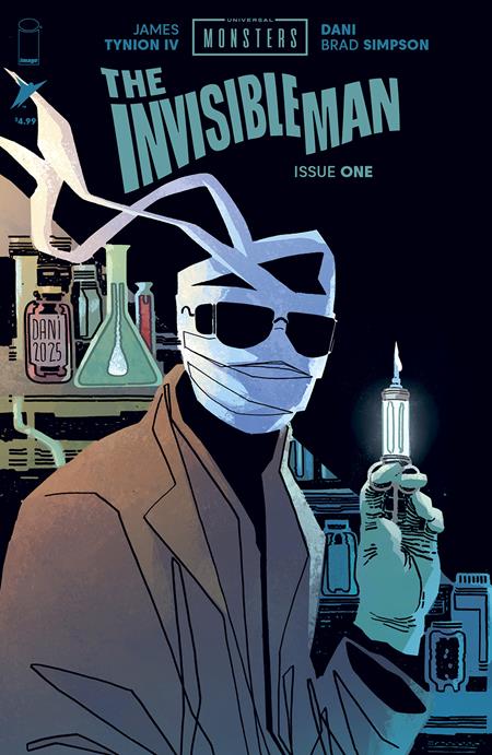 Comic book cover of 'The Invisible Man' with a character in a lab coat and mask holding a syringe.
