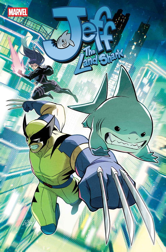 Comic book cover featuring Wolverine, Jeff the Land Shark and another Marvel Character in the background