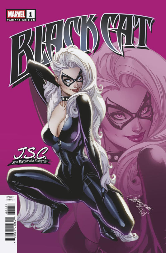 Comic book cover featuring a superheroine in a black and white costume on a pink background