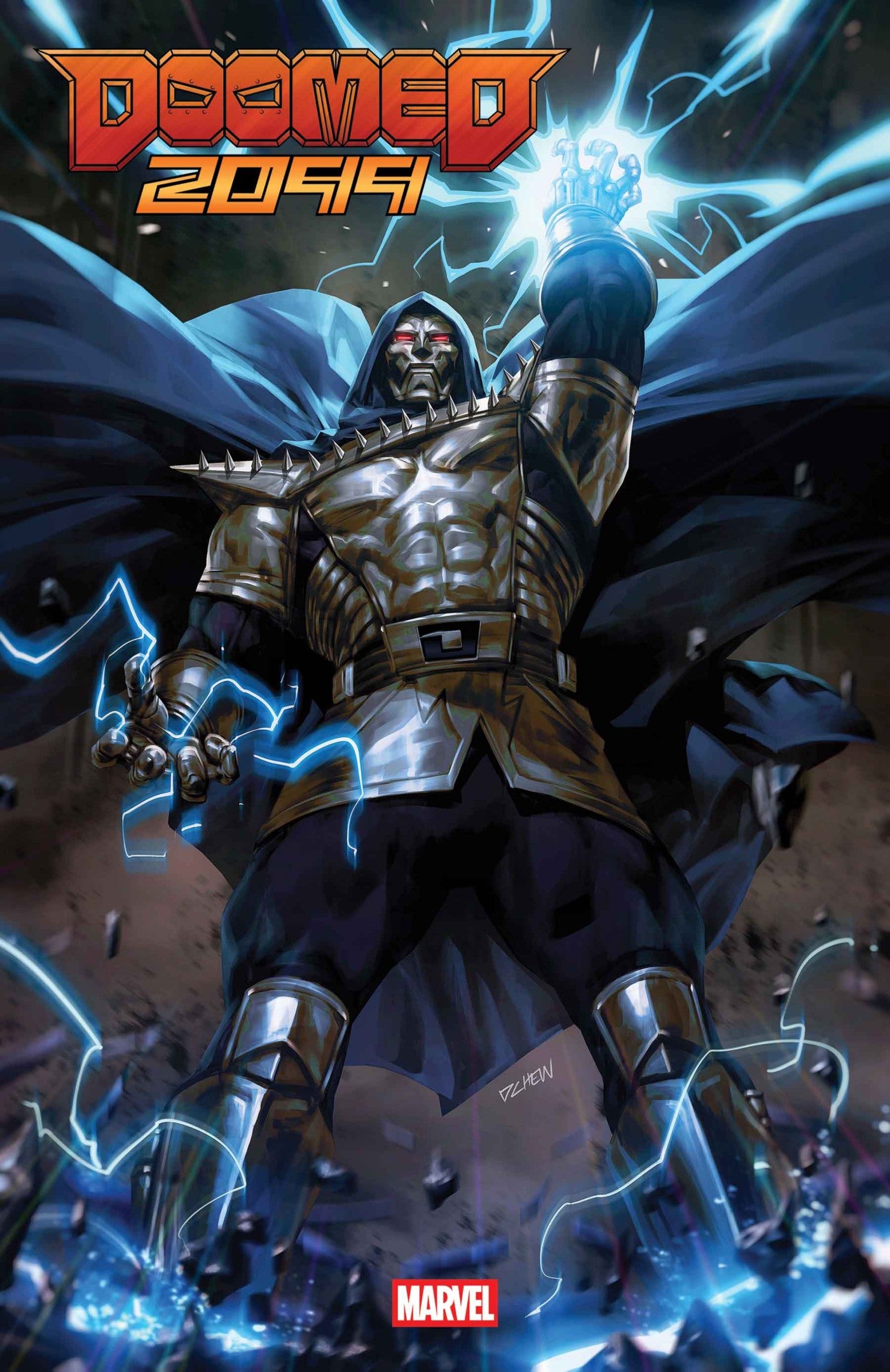 Comic book cover featuring Doom a supervillain in a dynamic pose with 'Doomed 2099' and Marvel logos.