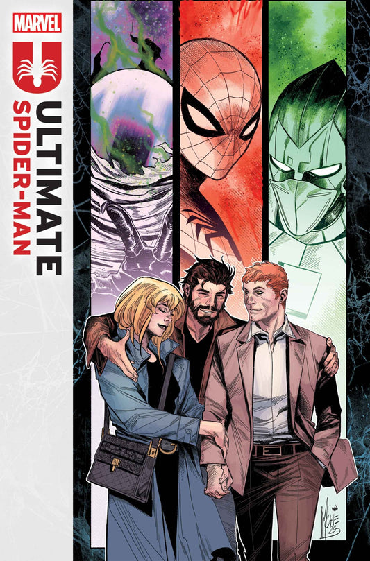 Comic book cover featuring characters from 'Ultimate Spider-Man' with Marvel logo.