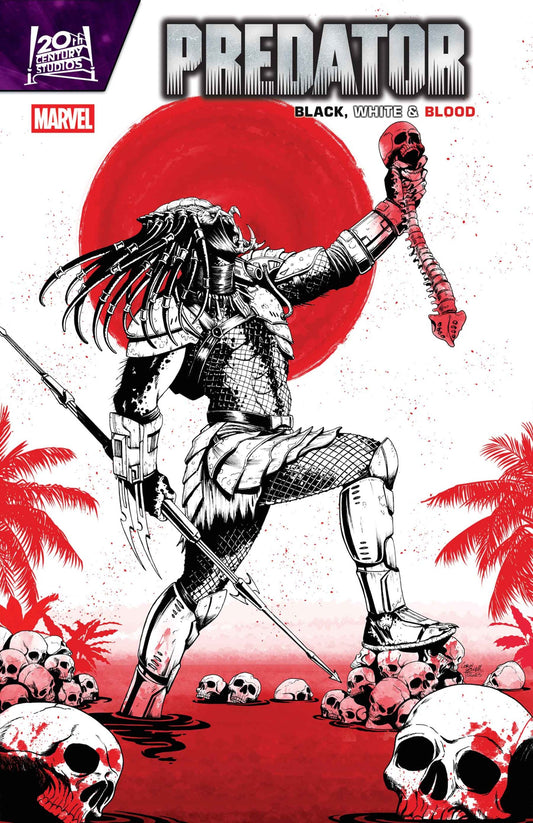 Comic book cover featuring a Predator character with a red sun and palm trees in the background. Holding up a skull and spine