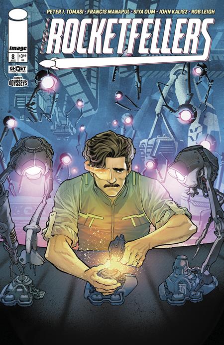 Comic book cover of 'The Rocketfellers' with a character working on a device surrounded by robots.