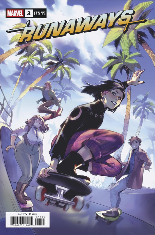 Comic book cover of Runaways with characters riding skateboards and palm trees in the background