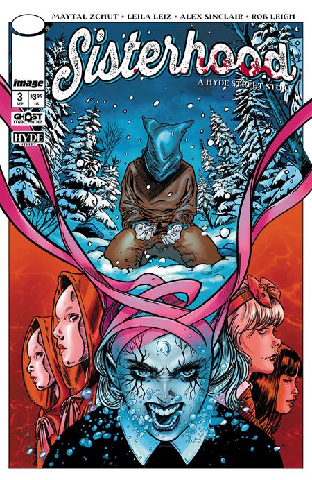 Comic book cover of 'Sisterhood' with characters and a snowy landscape.