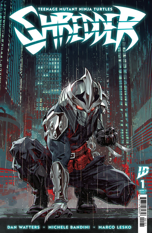 Comic book cover featuring Shredder a samurai-like character with a cityscape background
