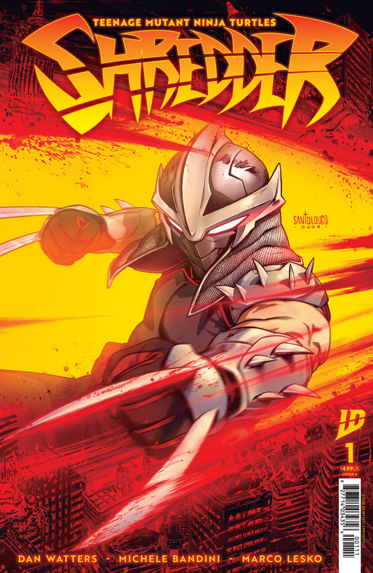 Comic book cover featuring Shredder a character from Teenage Mutant Ninja Turtles with a red and yellow background.