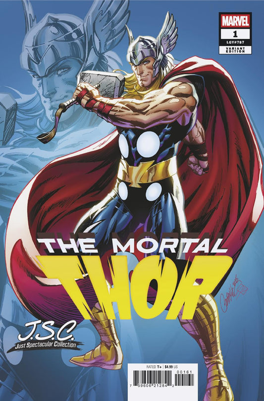 Comic book cover featuring Thor with a red cape and hammer, against a blue background.