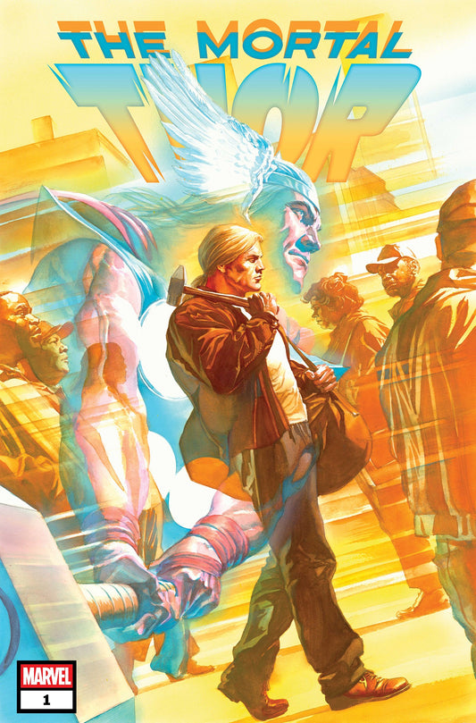 The Mortal Thor #1 comic book cover featuring a man walking with a hammer on his shoulder and a ghostlike figure of Thor with him