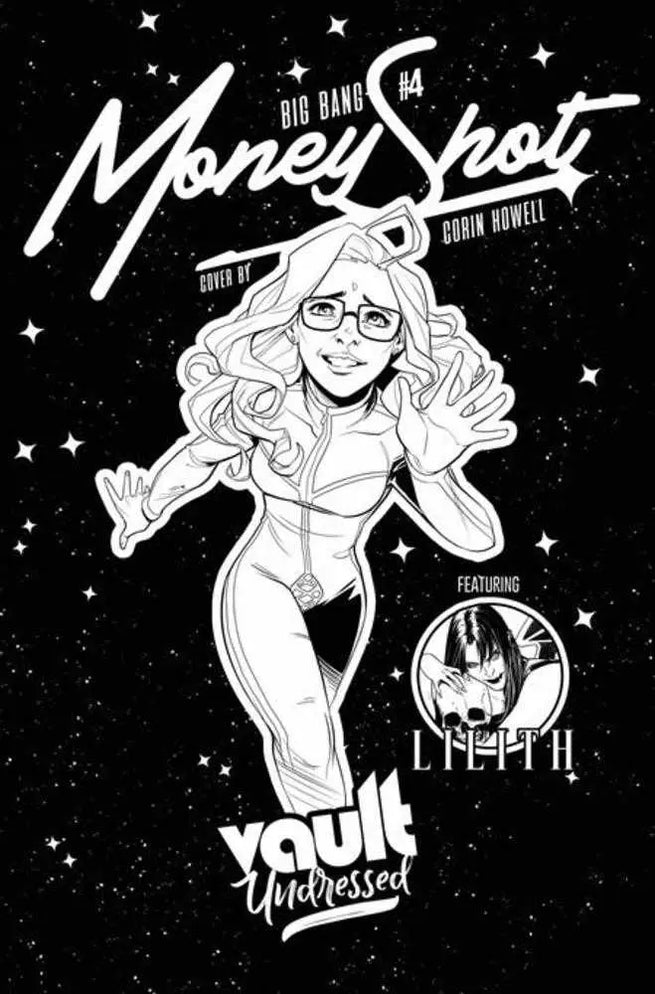 Black and white illustration of a superheroine with text and logos on a starry background